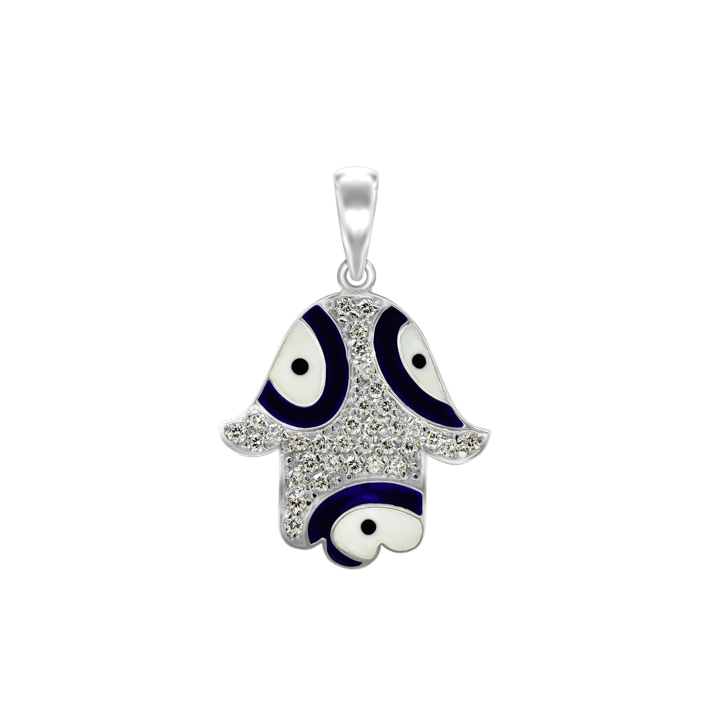 Hamsa-Anhänger mit bösem Blick, schwarz-weiß emailliert, aus Sterlingsilber