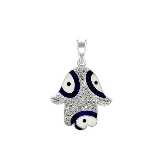 Hamsa-Anhänger mit bösem Blick, schwarz-weiß emailliert, aus Sterlingsilber