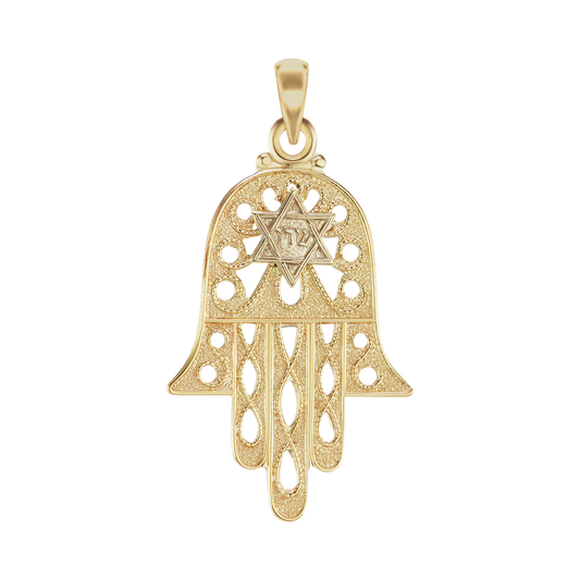 Anhänger „Hand Gottes Hamsa“ mit Davidstern aus 14-karätigem Gelbgold