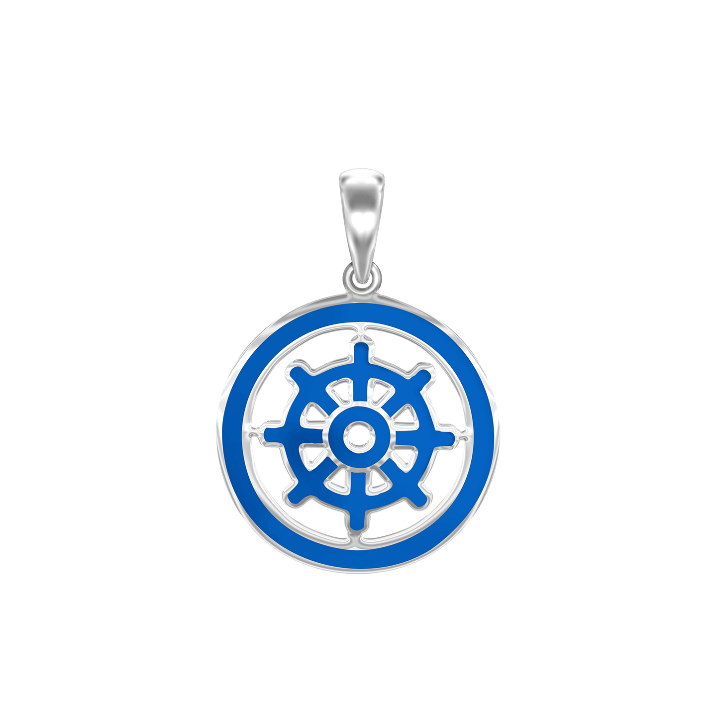 Buddhistischer Dharma-Rad-Anhänger mit blauer Emaille aus Sterlingsilber