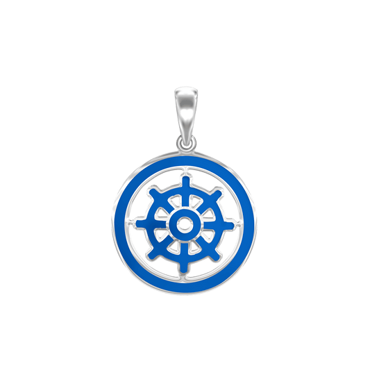 Buddhistischer Dharma-Rad-Anhänger mit blauer Emaille aus Sterlingsilber