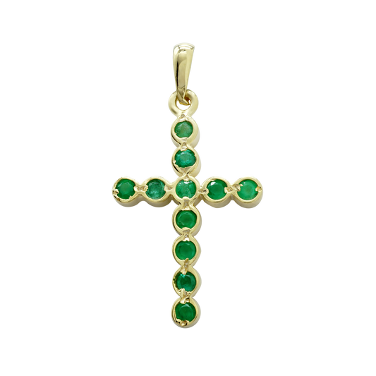 Klassischer Kreuzanhänger mit Smaragden in 14-karätigem Gelbgold, gefasst in einer Lünette