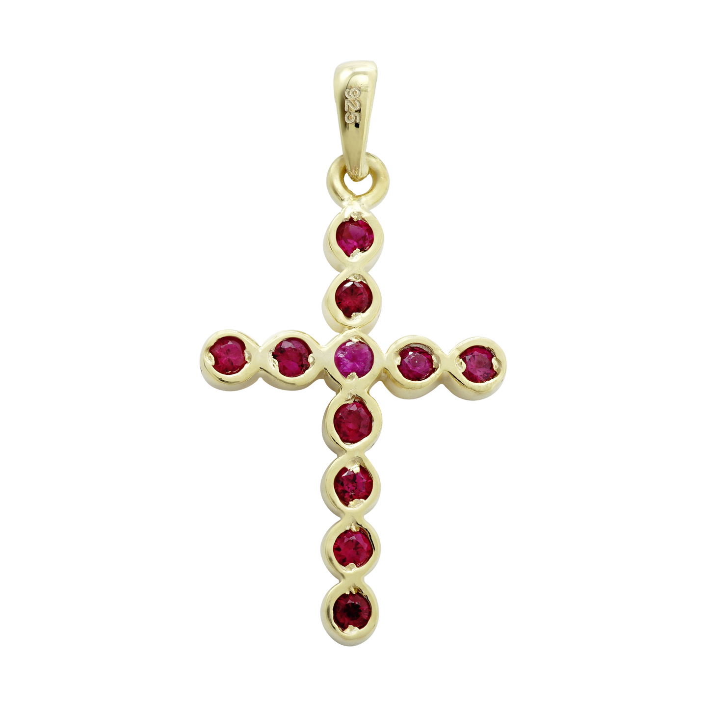 Kreuzanhänger mit Rubinen in Zargenfassung aus 14-karätigem Gelbgold