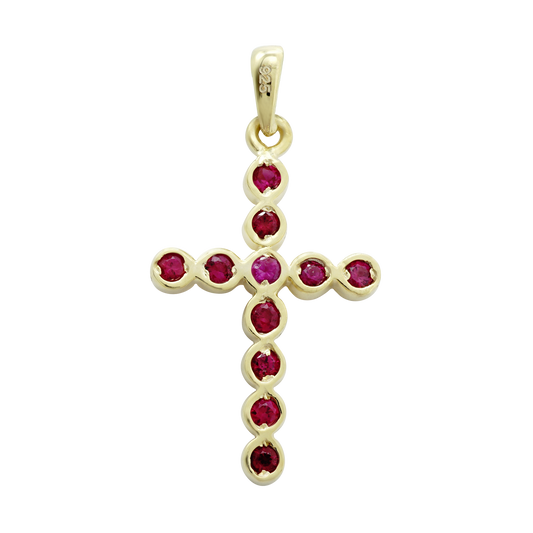 Kreuzanhänger mit Rubinen in Zargenfassung aus 14-karätigem Gelbgold