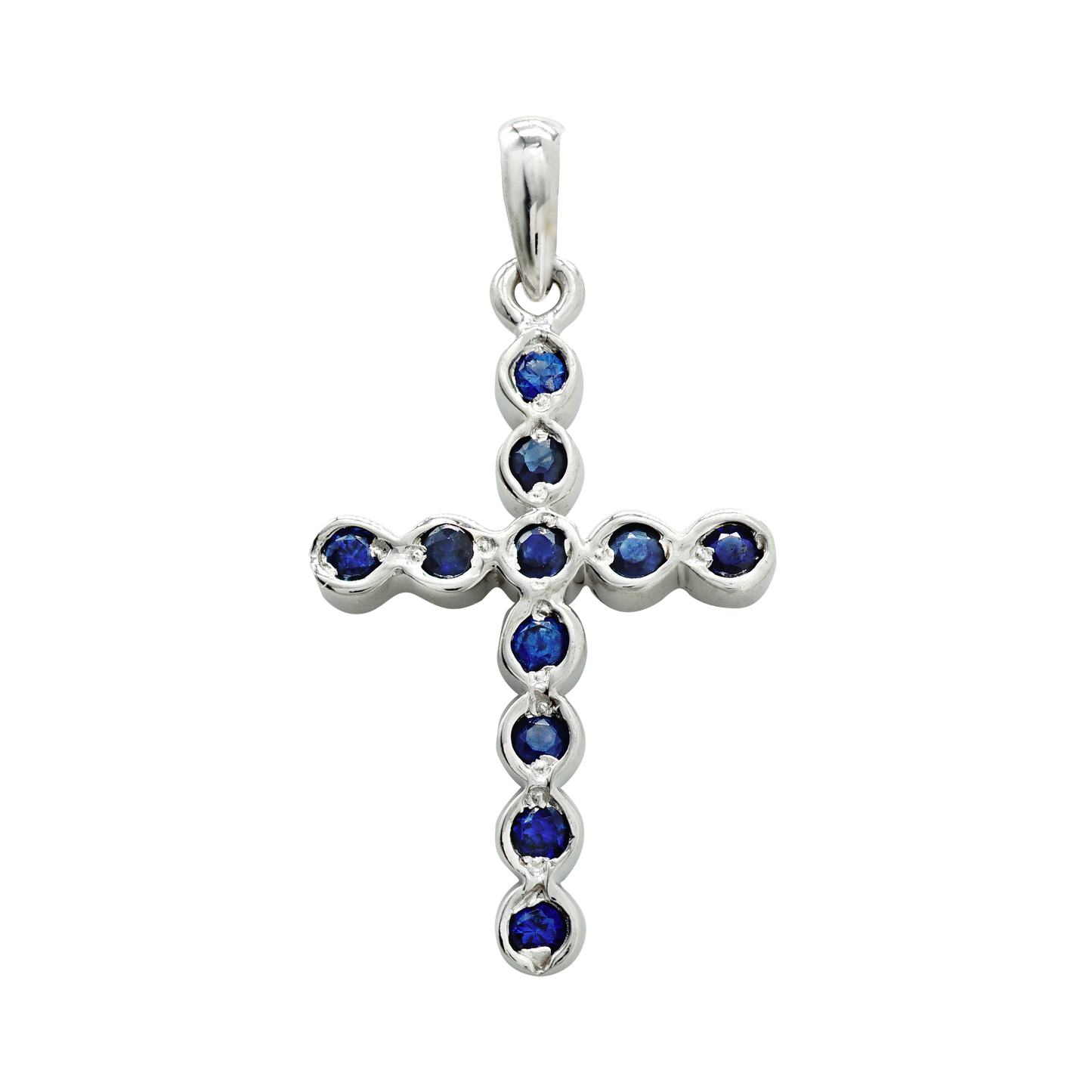 Klassischer Kreuzanhänger mit Saphiren in 14-karätigem Weißgold, gefasst in einer Lünette