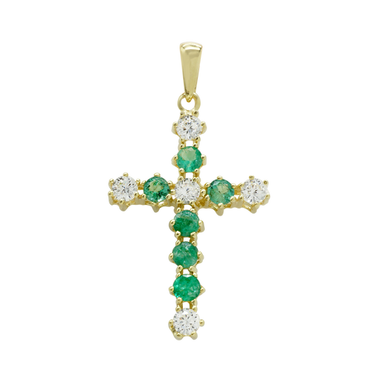 Moderner Kreuzanhänger mit Diamanten und Smaragden in 14-karätigem Gelbgold