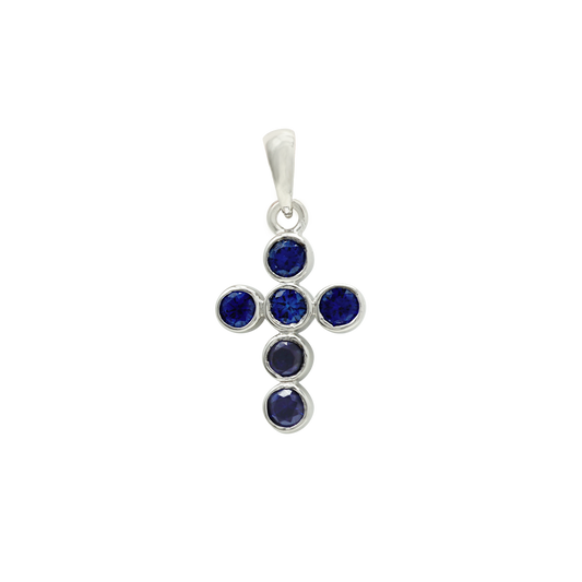 Klassischer Kreuzanhänger mit Saphiren in 14-karätigem Weißgold, gefasst in einer Lünette