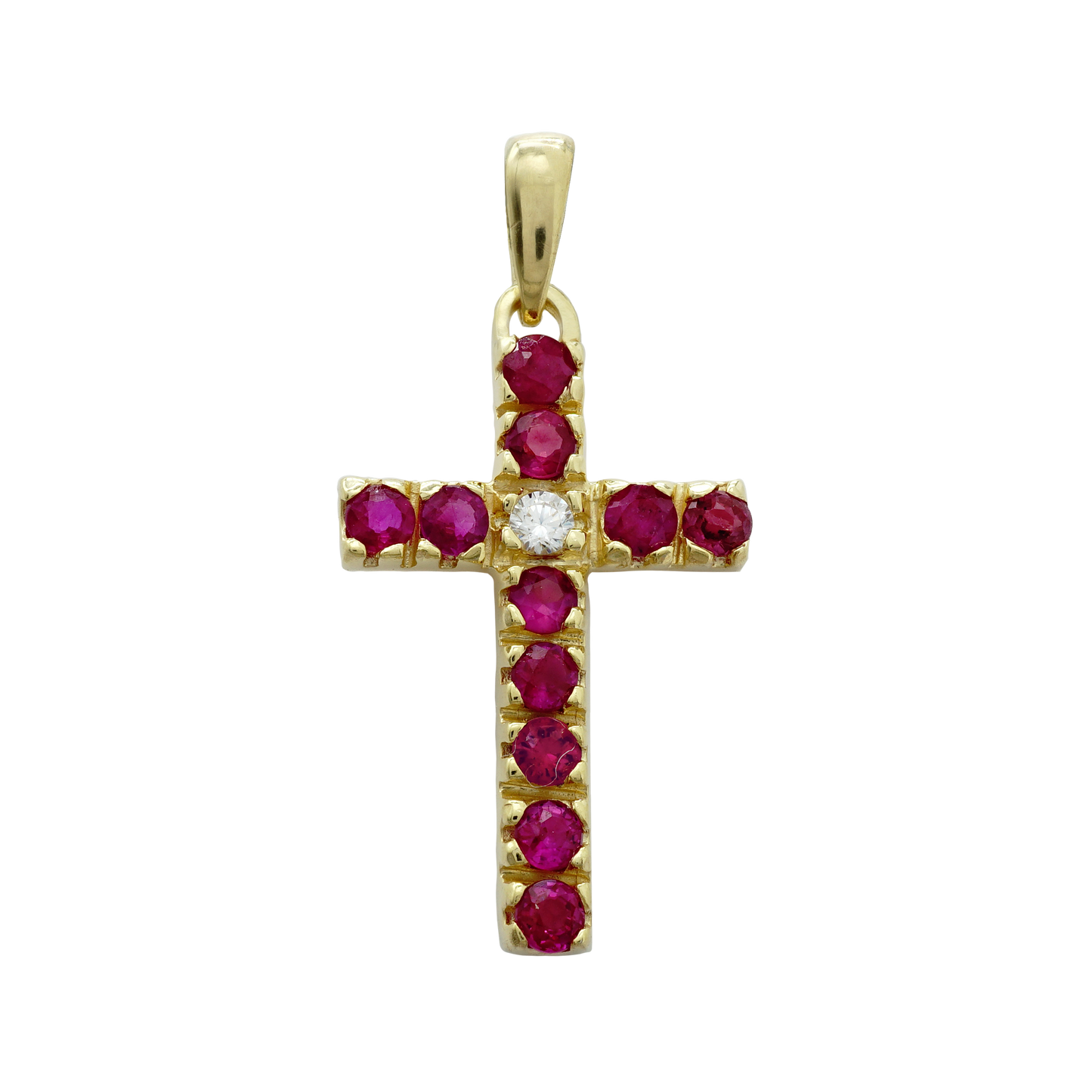 Klassischer Kreuzanhänger mit Diamanten und Rubinen in 14-karätigem Gelbgold