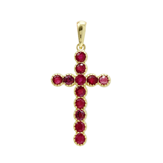 Klassischer Kreuzanhänger mit Rubinen in 14-karätigem Gelbgold, gefasst in einer Lünette