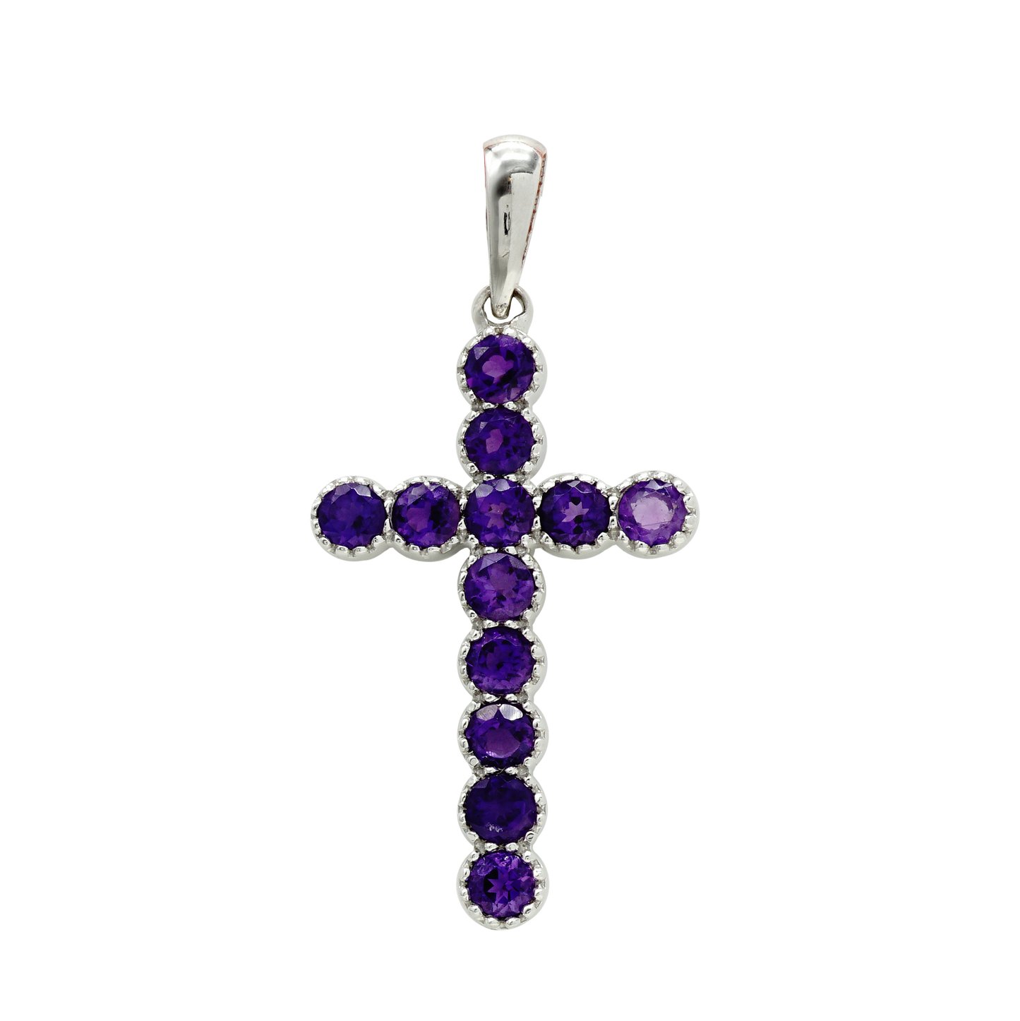 Klassischer Kreuzanhänger mit Amethysten in 14-karätigem Weißgold, gefasst in einer Lünette