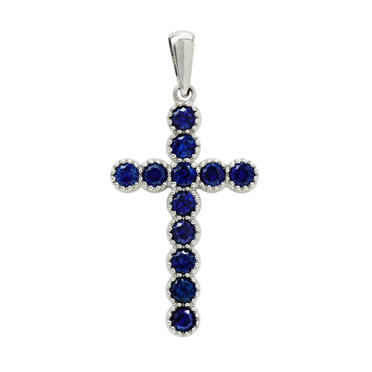 Klassischer Kreuzanhänger mit Saphiren in 14-karätigem Weißgold, gefasst in einer Lünette