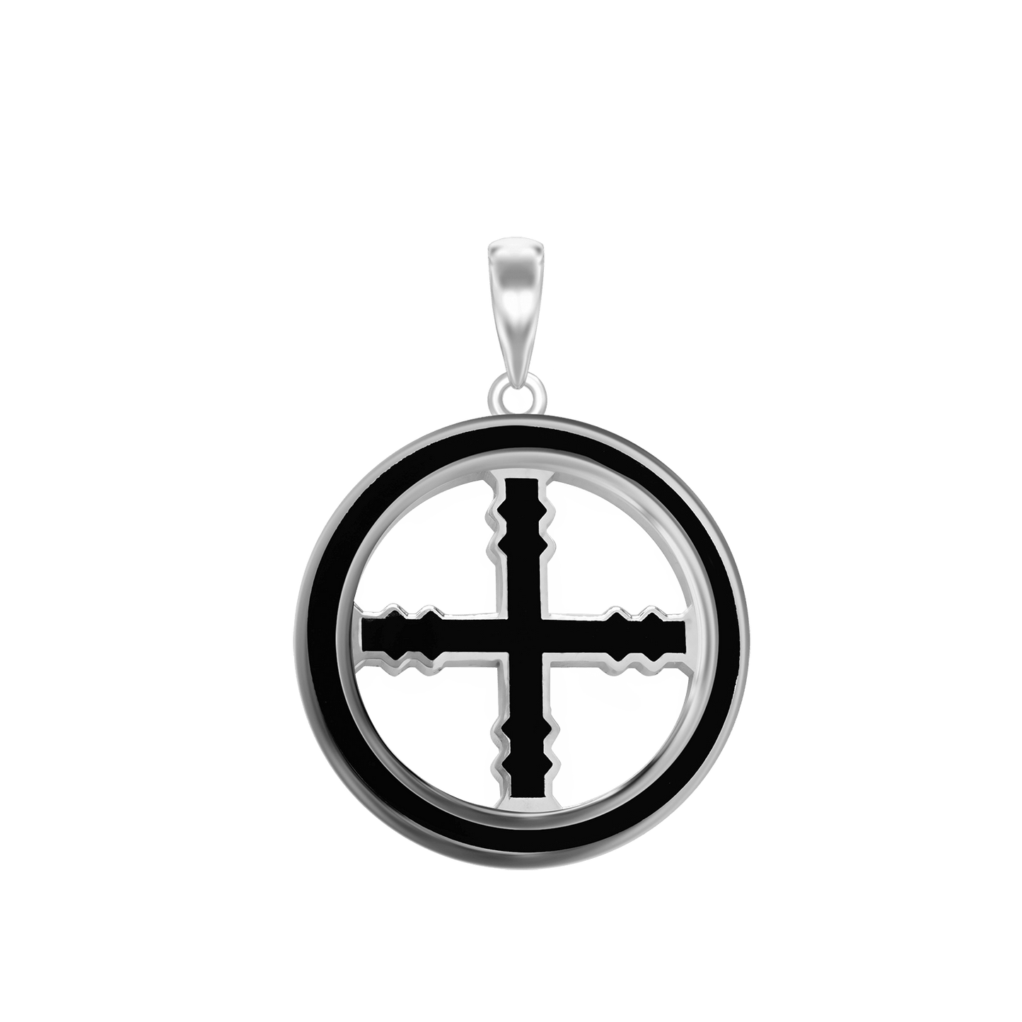 Medaillons mit graviertem Kreuz und schwarzer Emaille aus Sterlingsilber