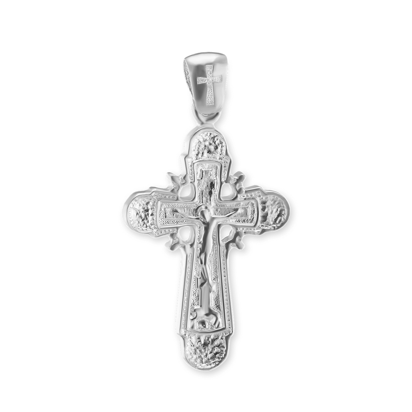Byzantinischer doppelseitiger Kreuz- und Kruzifixanhänger aus Sterlingsilber