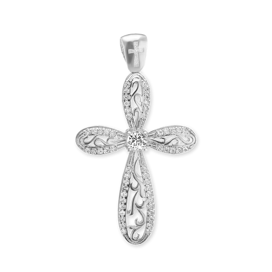 Scrollkreuz-Anhänger mit Zirkonia in Sterlingsilber