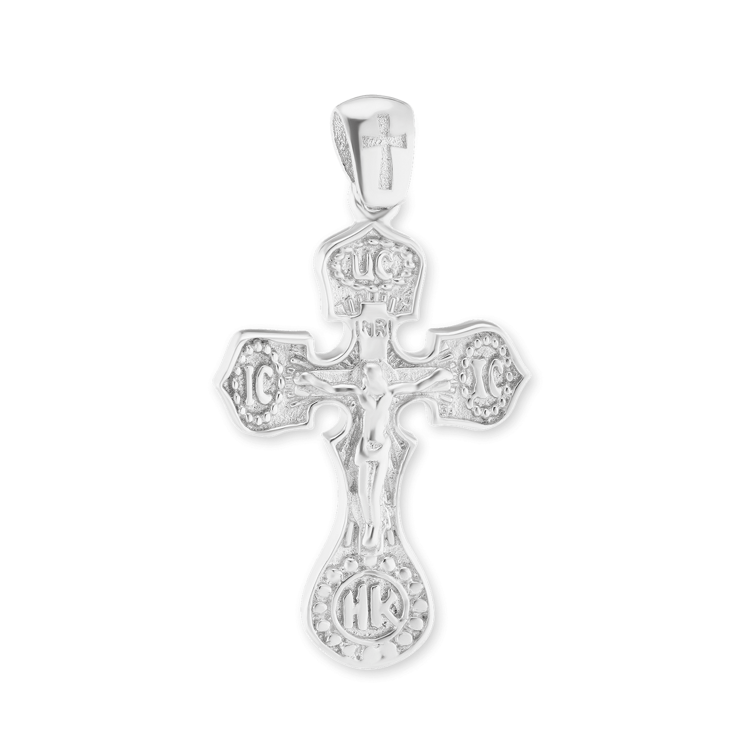 Byzantinischer doppelseitiger Kreuz- und Kruzifixanhänger aus Sterlingsilber