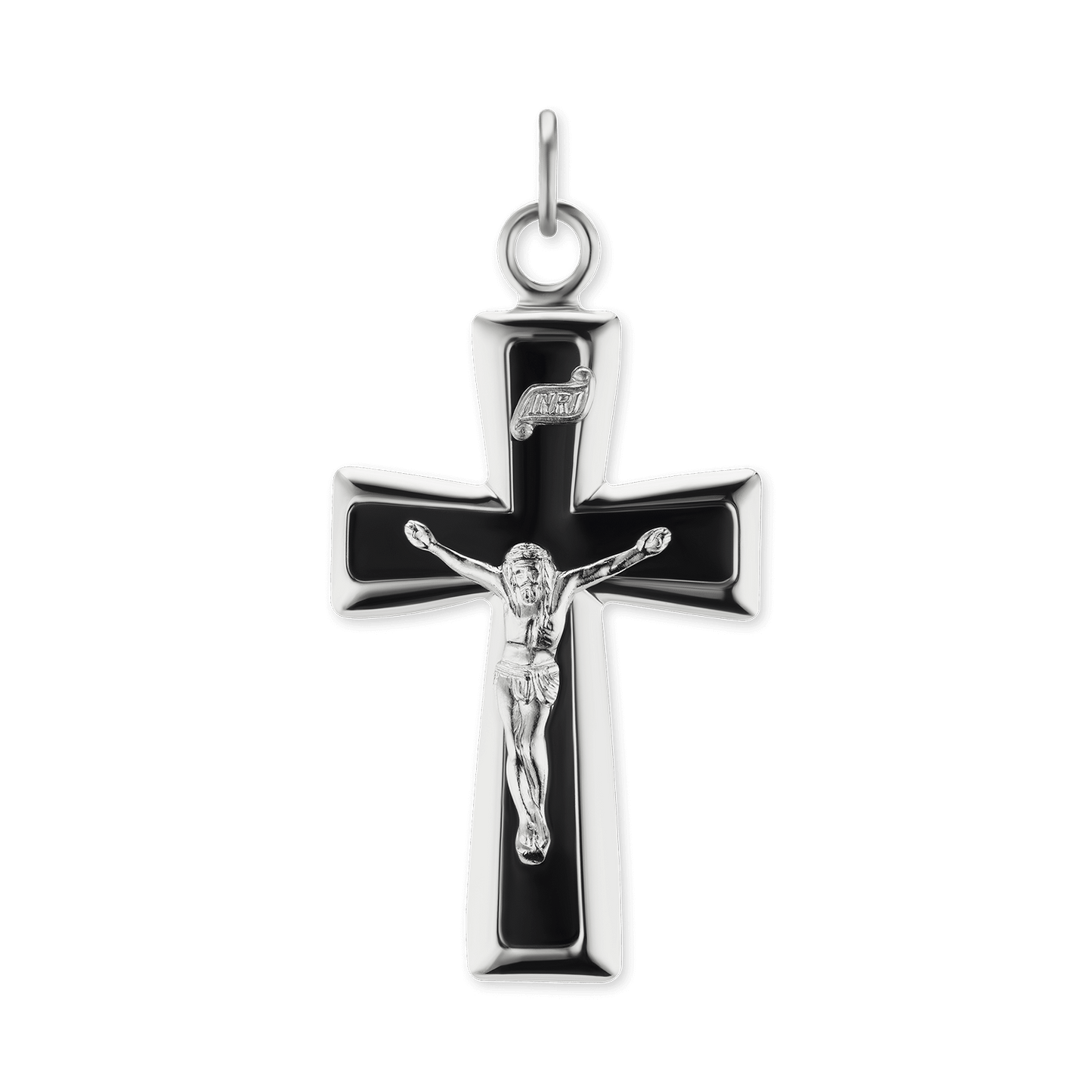 Traditioneller Kruzifix-Anhänger mit schwarzer Emaille aus Sterlingsilber