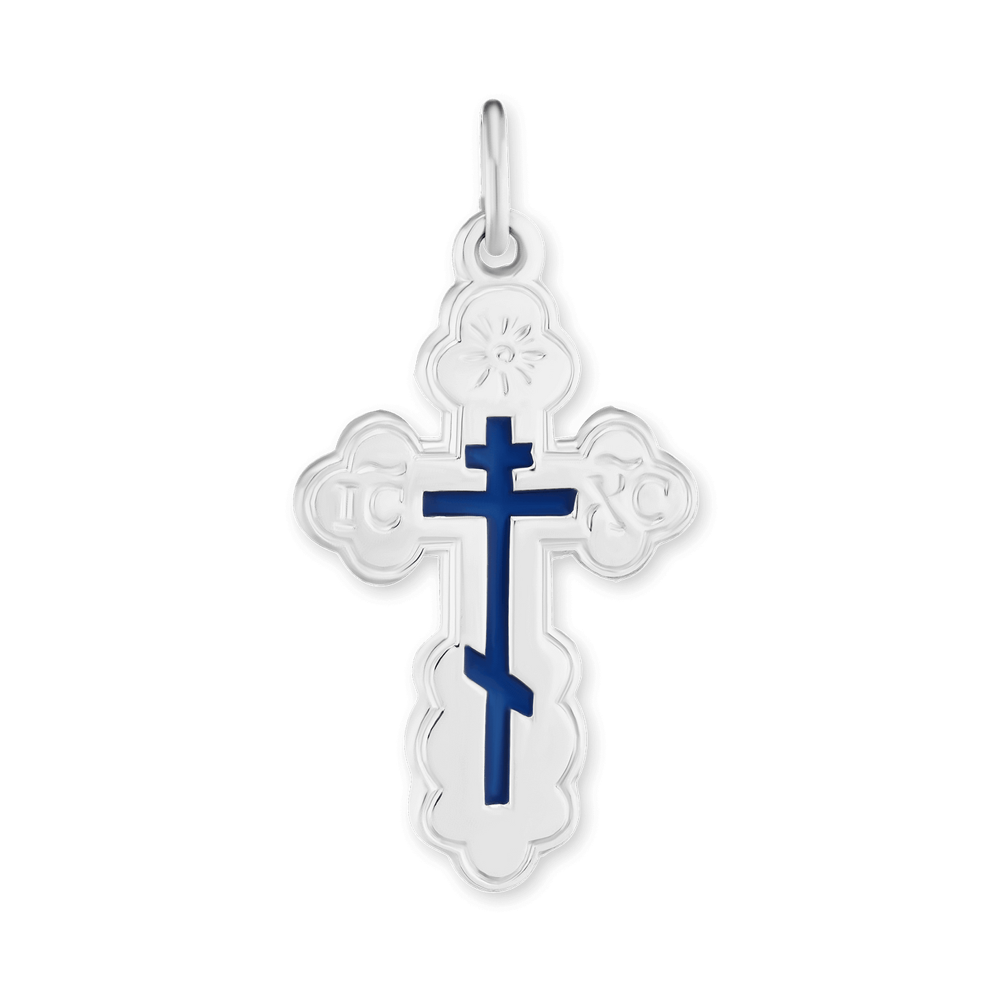 Orthodoxes Kreuz und Kruzifix-Anhänger mit blauer Emaille aus Sterlingsilber
