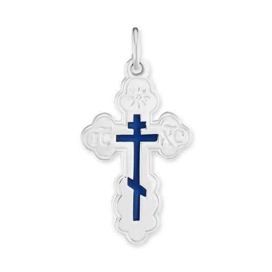 Orthodoxes Kreuz und Kruzifix-Anhänger mit blauer Emaille aus Sterlingsilber