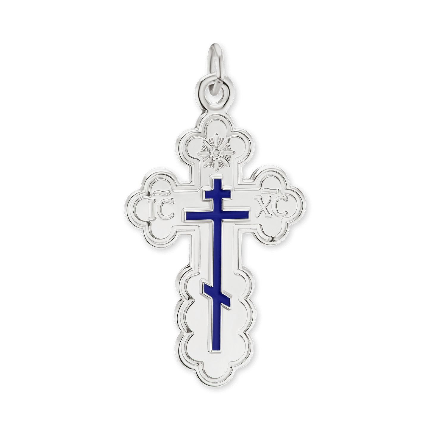 Orthodoxes Kreuz und Kruzifix-Anhänger mit blauer Emaille aus Sterlingsilber