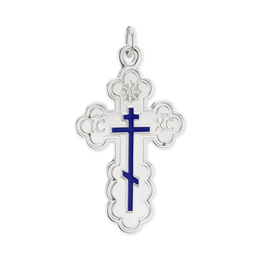 Orthodoxes Kreuz und Kruzifix-Anhänger mit blauer Emaille aus Sterlingsilber