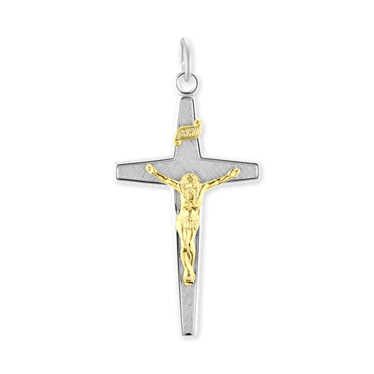 Zweifarbiger, sich verjüngender Kruzifix-Anhänger aus Sterlingsilber