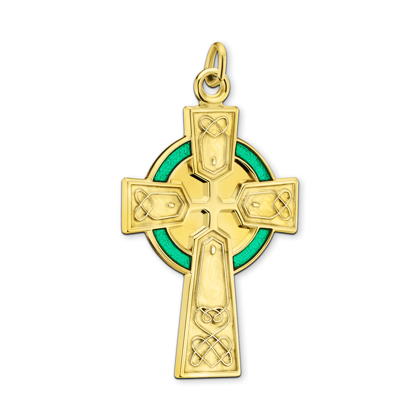 Keltischer Kreuzanhänger aus Sterlingsilber mit grüner Emaille, veredelt mit 18-karätigem Gelbgold.