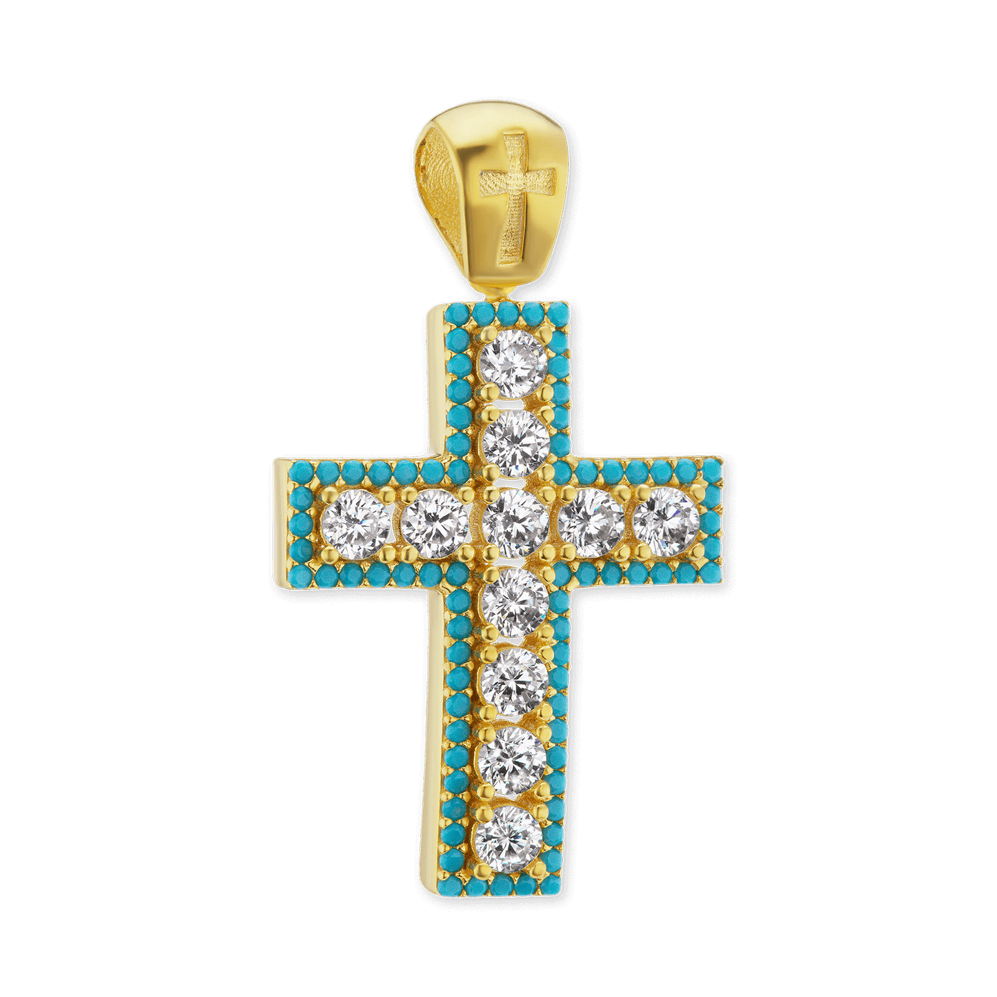 Klassischer Kreuzanhänger mit hellblauem Zirkonia in 18-karätigem Gelbgold