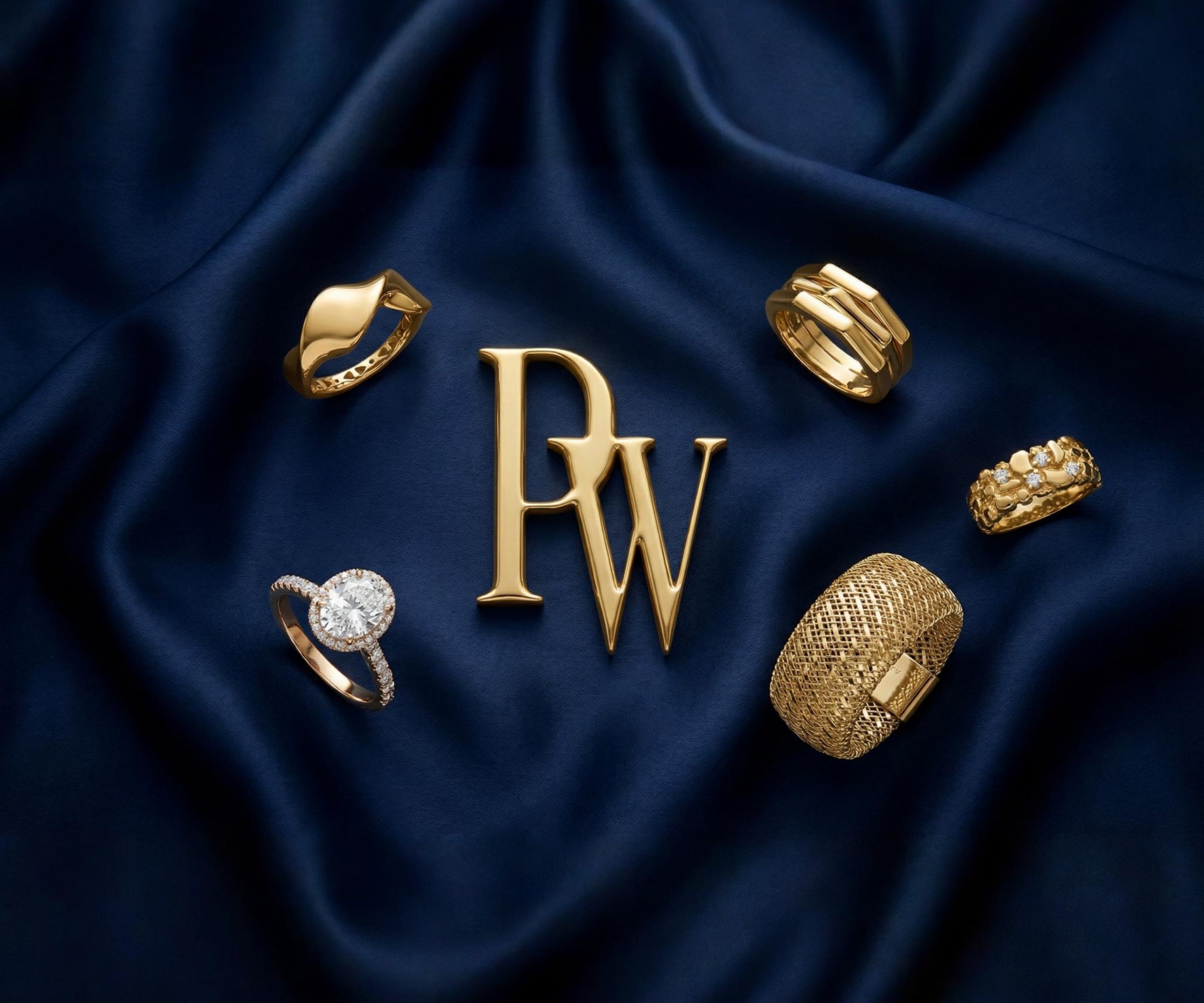Gold jewelry pieces on dark blue fabric with 'DW' logo.