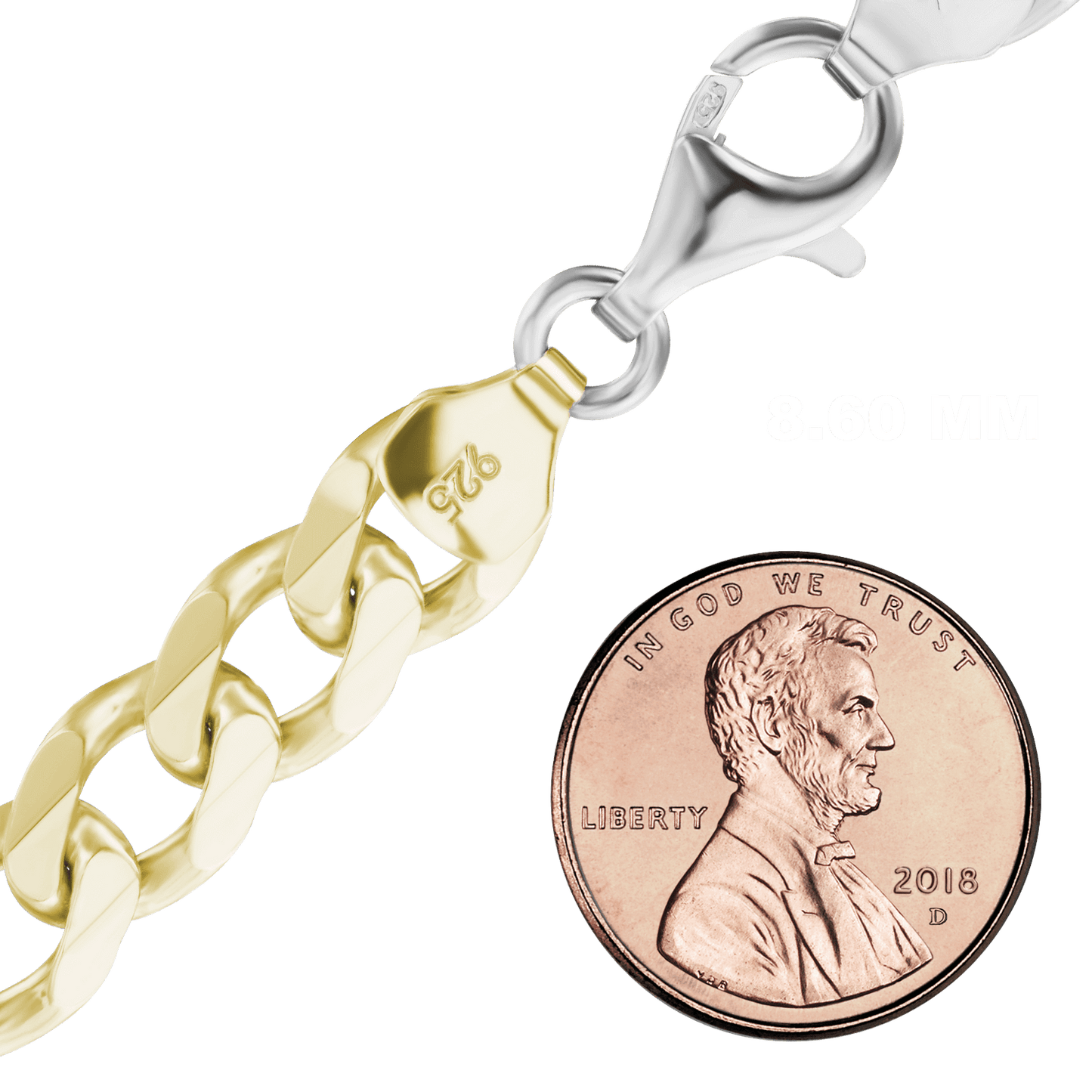 Mittelgroßes, flaches Panzerfußkettchen aus Sterlingsilber mit zweifarbiger Oberfläche aus 18-karätigem Gelbgold