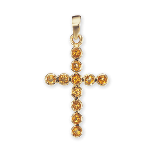 Klassischer Kreuzanhänger mit Citrin-Steinen in 14-karätigem Gelbgold, gefasst in einer Lünette
