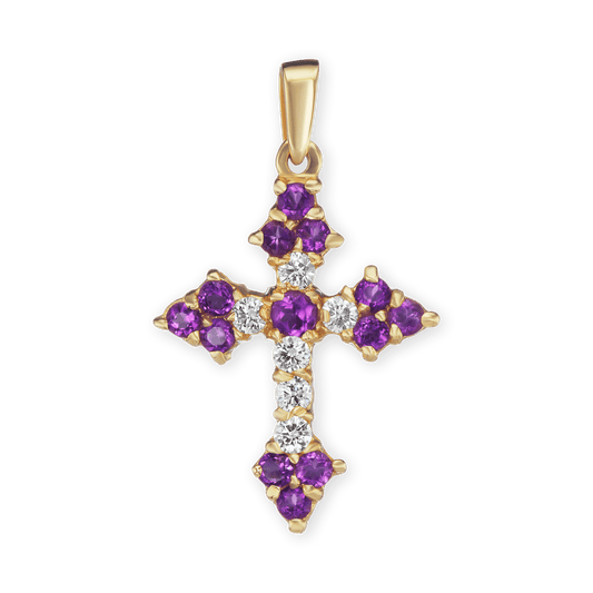Trinity-Kreuz-Anhänger mit violettem Zirkonia in 18-karätigem Gelbgold