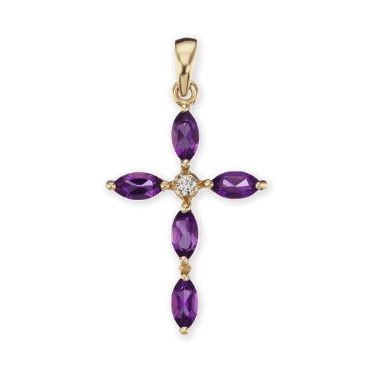 Marquise-Kreuz-Anhänger mit violettem Zirkonia in 18 Karat Gelbgold
