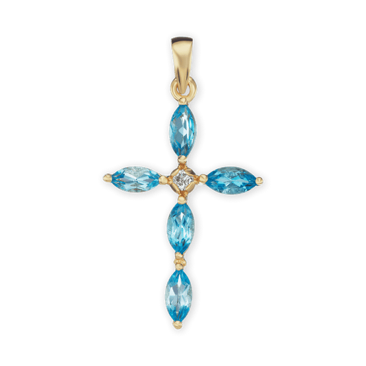Marquise-Kreuz-Anhänger mit hellblauem Zirkonia in 18-karätigem Gelbgold