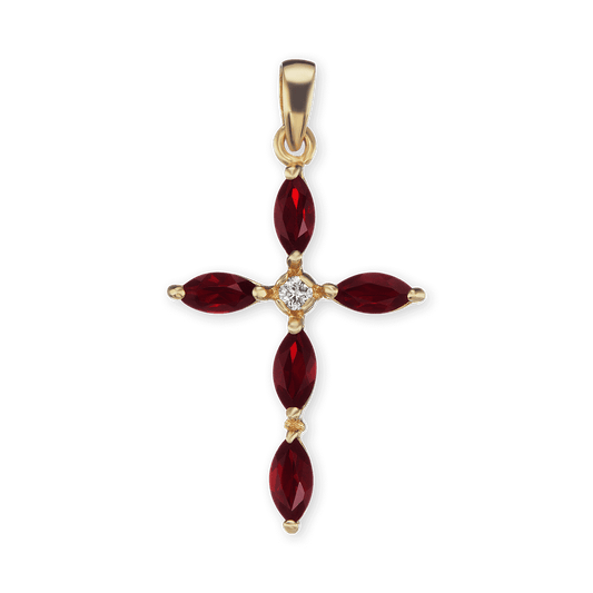 Marquise-Kreuz-Anhänger mit rotem Zirkonia in 18 Karat Gelbgold