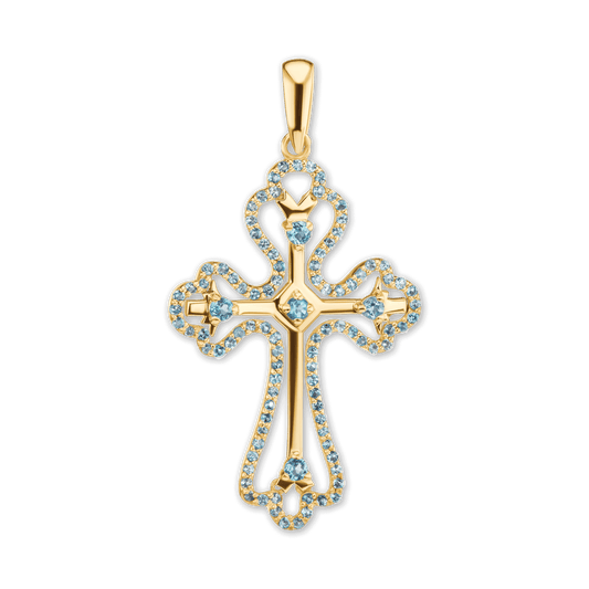 Kleeblatt-Kreuzanhänger mit hellblauem Zirkonia in 18-karätigem Gelbgold