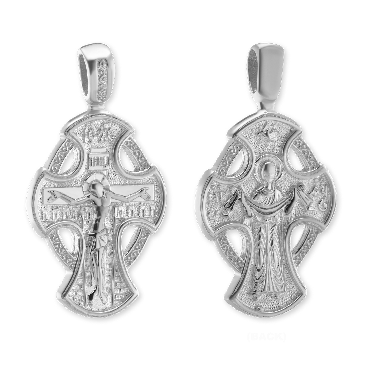 Zweifarbiger byzantinischer Doppelkreuz- und Kruzifix-Anhänger aus Sterlingsilber