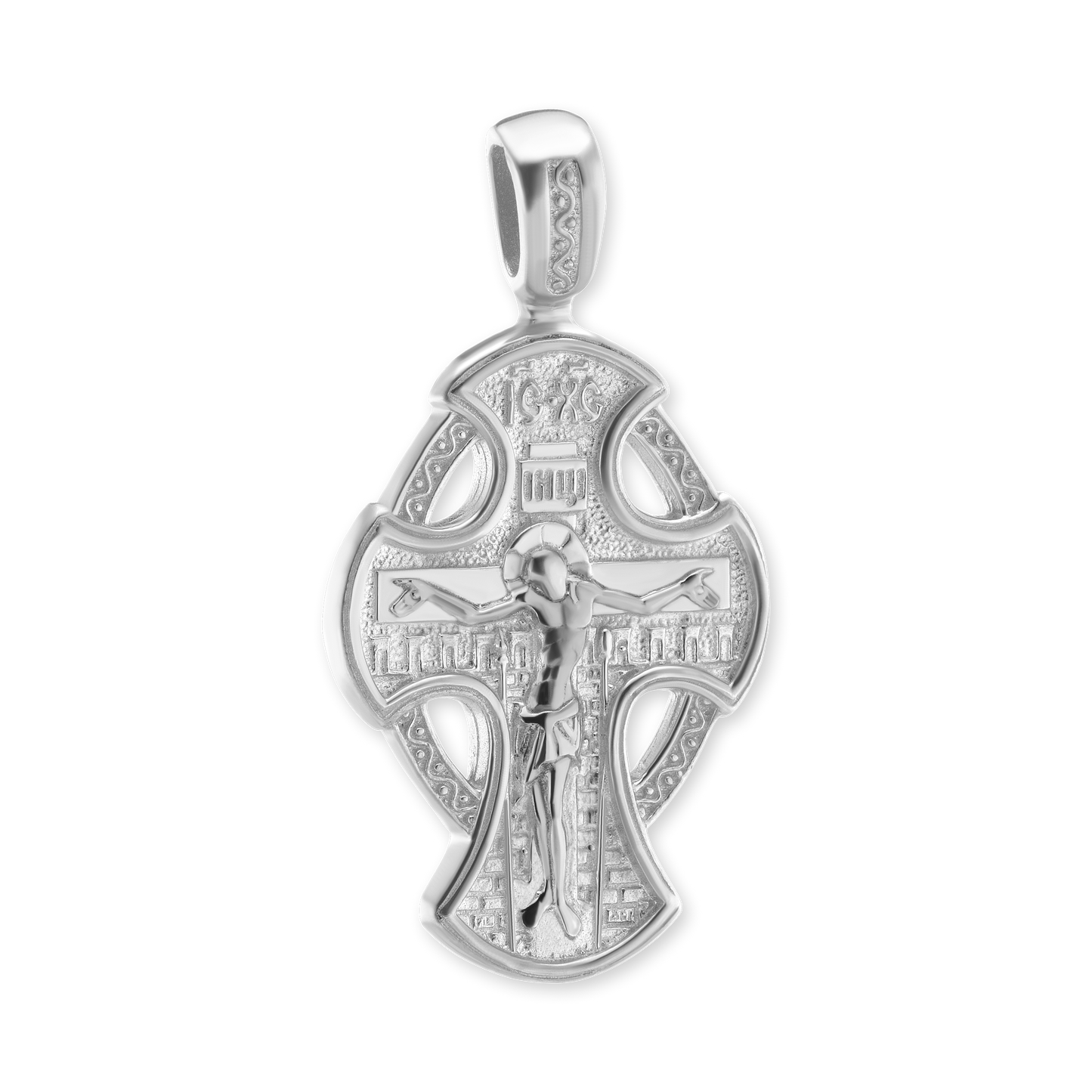 Zweifarbiger byzantinischer Doppelkreuz- und Kruzifix-Anhänger aus Sterlingsilber