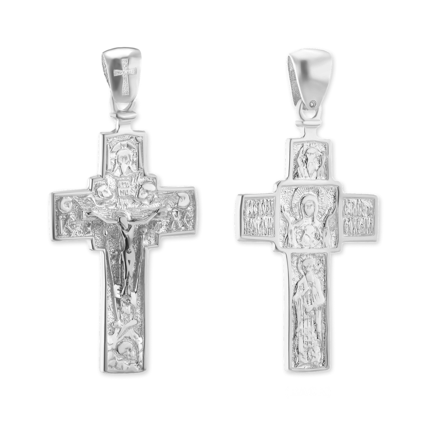 Zweifarbiger byzantinischer Doppelkreuz- und Kruzifix-Anhänger aus Sterlingsilber