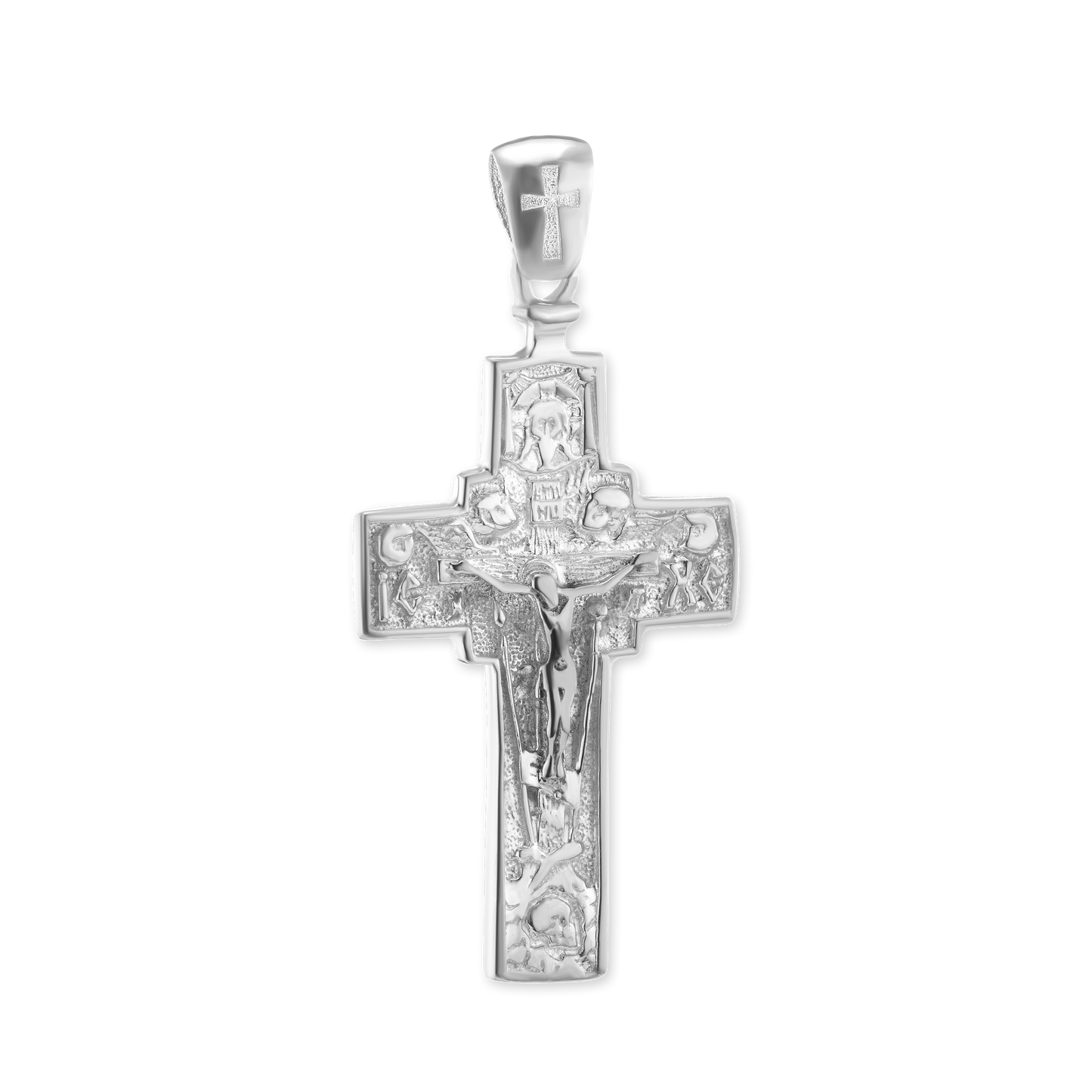 Zweifarbiger byzantinischer Doppelkreuz- und Kruzifix-Anhänger aus Sterlingsilber