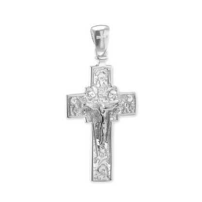 Zweifarbiger byzantinischer Doppelkreuz- und Kruzifix-Anhänger aus Sterlingsilber