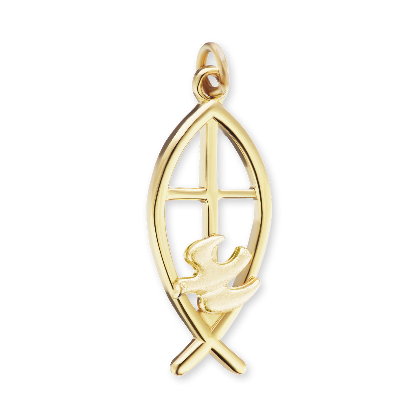 Zweifarbiger Ichthys-Fisch-Anhänger mit Kreuz und Taube, christliches Motiv, aus Sterlingsilber