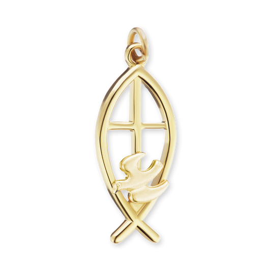 Zweifarbiger Ichthys-Fisch-Anhänger mit Kreuz und Taube, christliches Motiv, aus Sterlingsilber