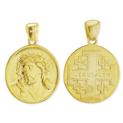 Jesus-Anhänger mit Jerusalemkreuz aus Sterlingsilber und Medaillons aus Sterlingsilber, veredelt mit 14-karätigem Gelbgold