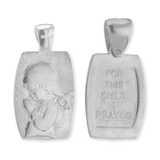 Doppelseitiger Anhänger „Betendes Kind“ aus Sterlingsilber, veredelt mit 14-karätigem Gelbgold.
