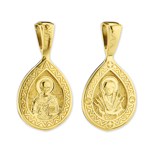 Doppelseitiger byzantinischer Anhänger „Maria und die Schwerter“ aus Sterlingsilber, veredelt mit 14-karätigem Gelbgold