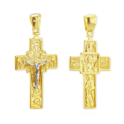 Zweifarbiger byzantinischer Doppelkreuz- und Kruzifix-Anhänger aus Sterlingsilber